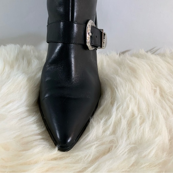 ZARA Cowboy Buckle Black Leather Pointed Toe Slip On Heel Boots Sz 7.5US - Picture 10 of 15